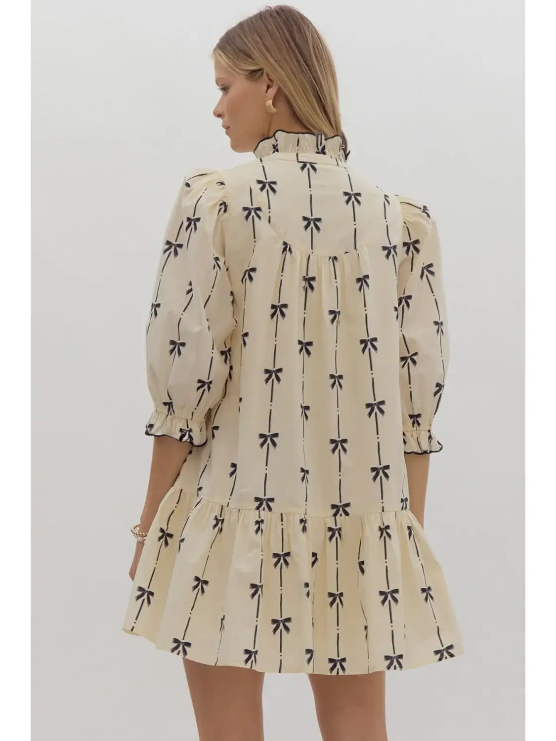Beige Cute Bowknot Printed Bubble Sleeve V Neck Mini Dress