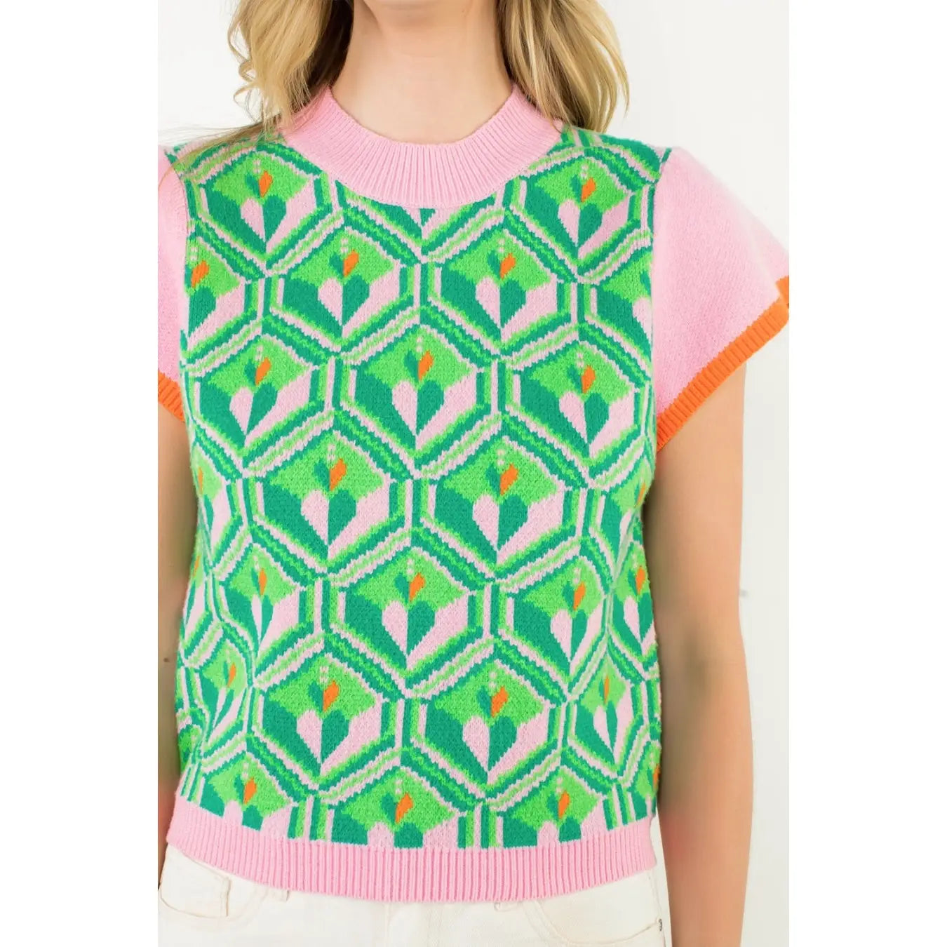Pattern Knit Cap Sleeve Top