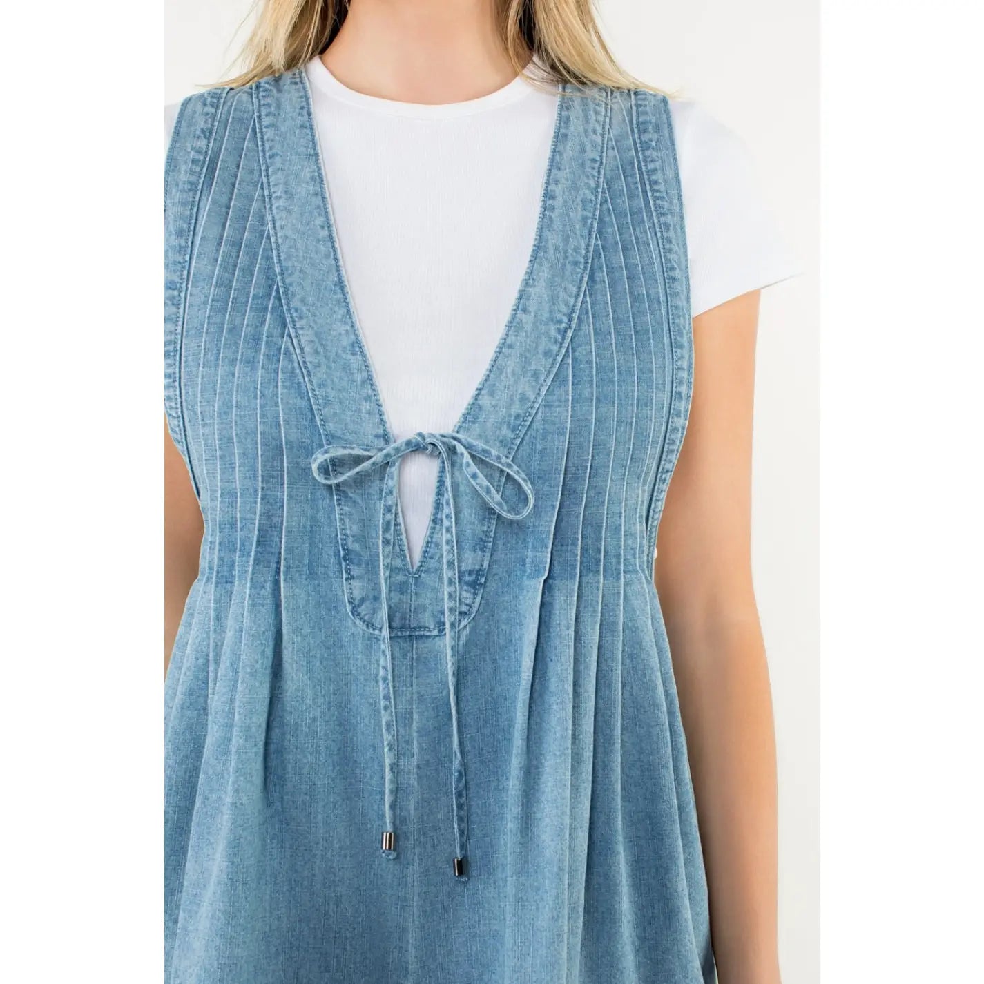 Pleated Front Tie Denim Romper