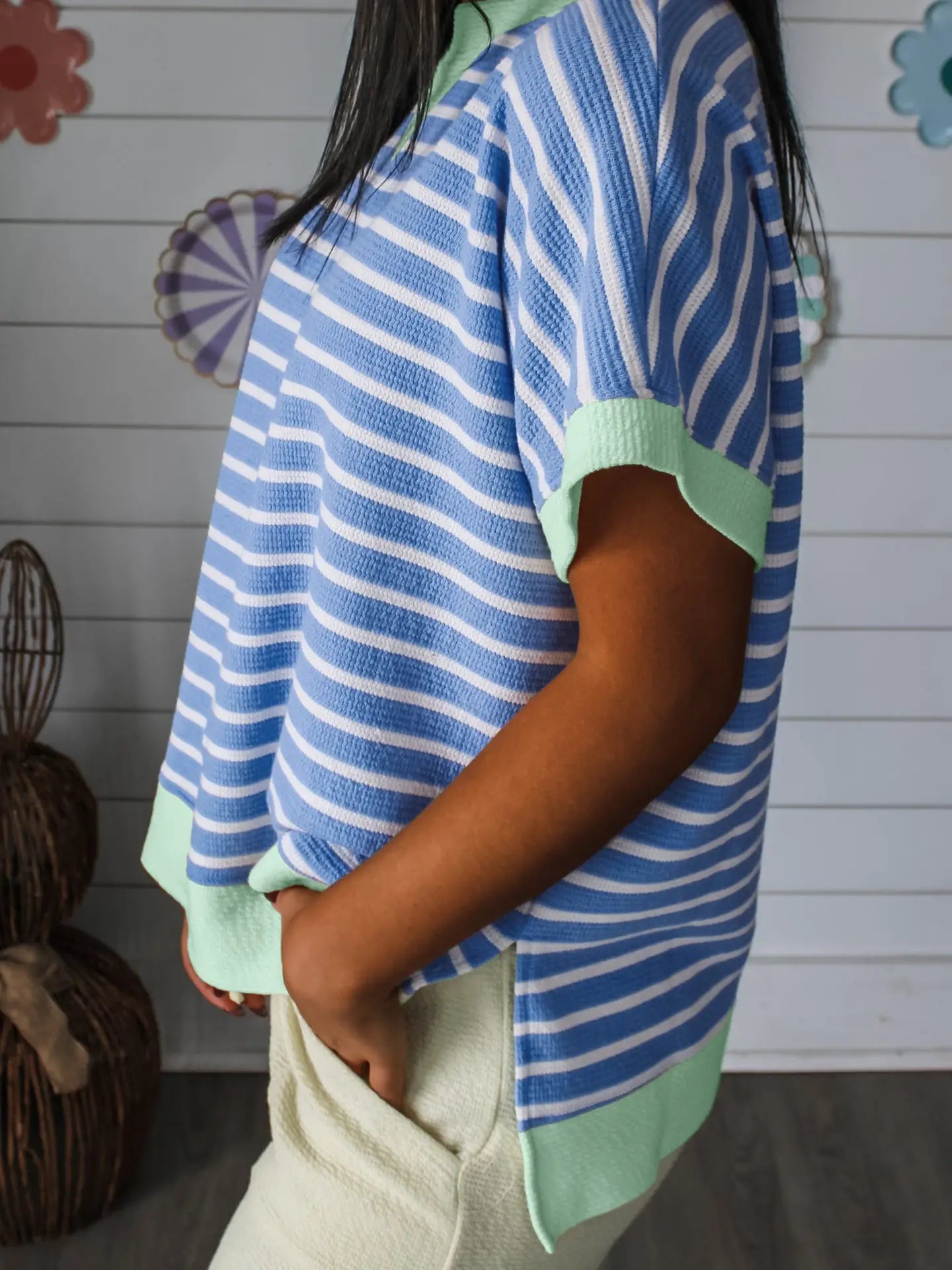 Sky Blue Stripe Contrast Trim Loose Short Sleeve Top