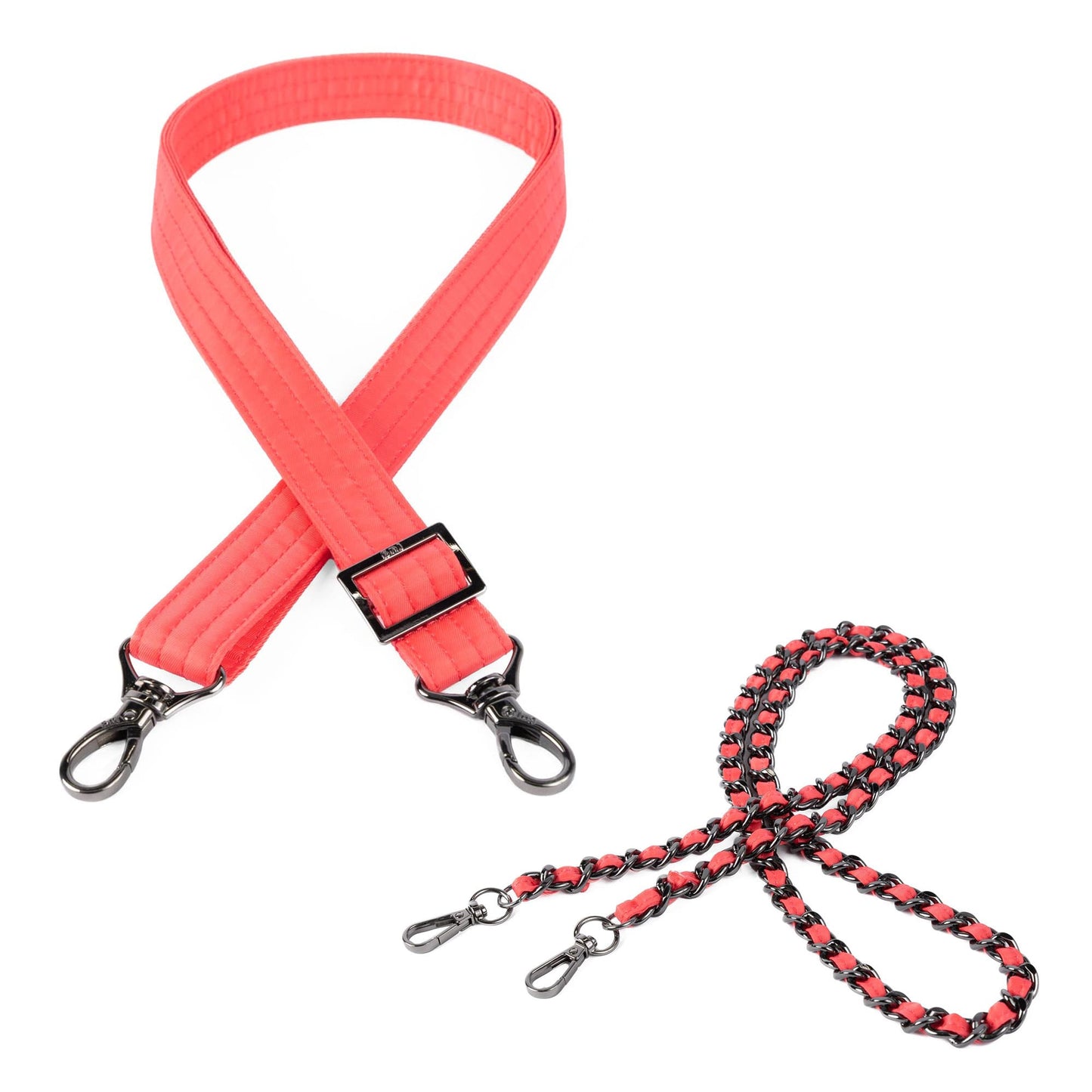 2pc Bag Straps - 1" Classic and Metal Chain Strap - CORAL RED - 24491_2pcStrapSet_CoralRed_Angle_01
