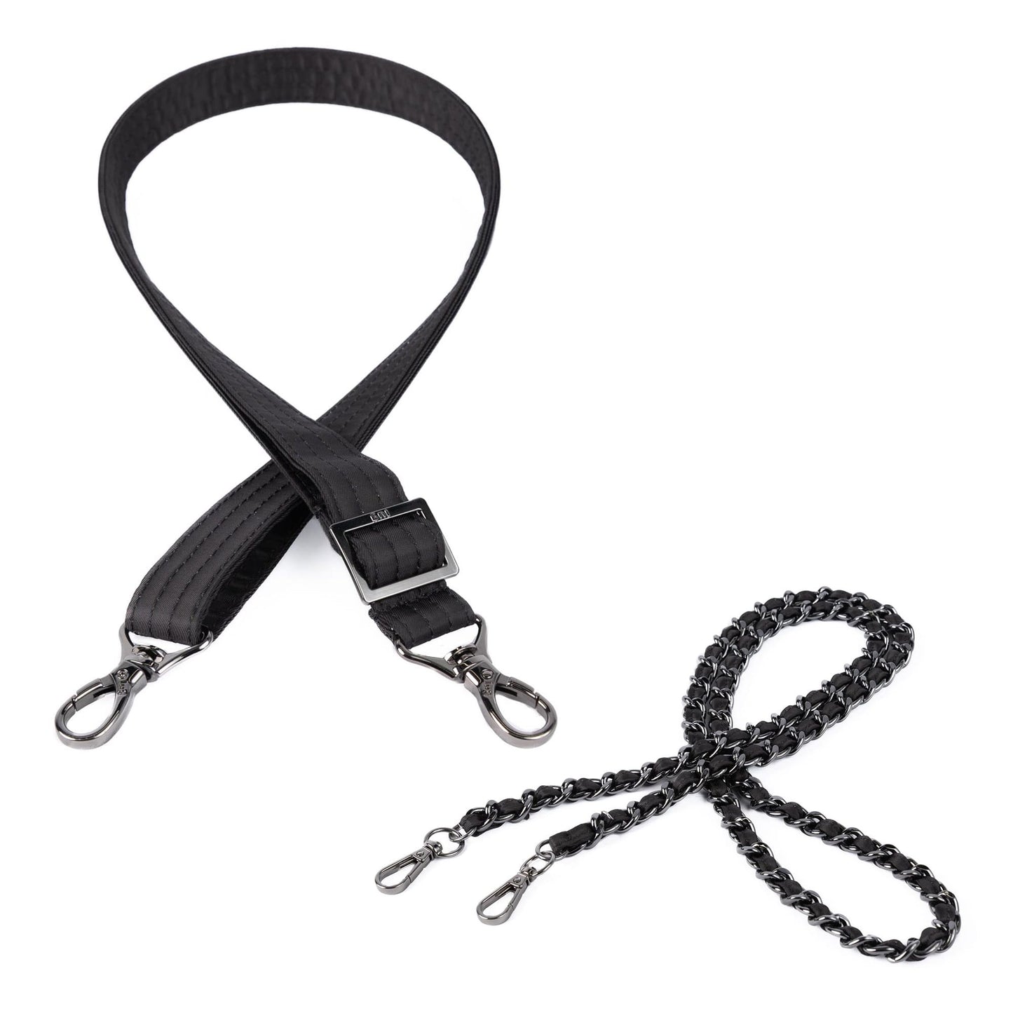 2pc Bag Straps - 1" Classic and Metal Chain Strap - BLACK - 24493_2pcStrapSet_Black_Angle_01