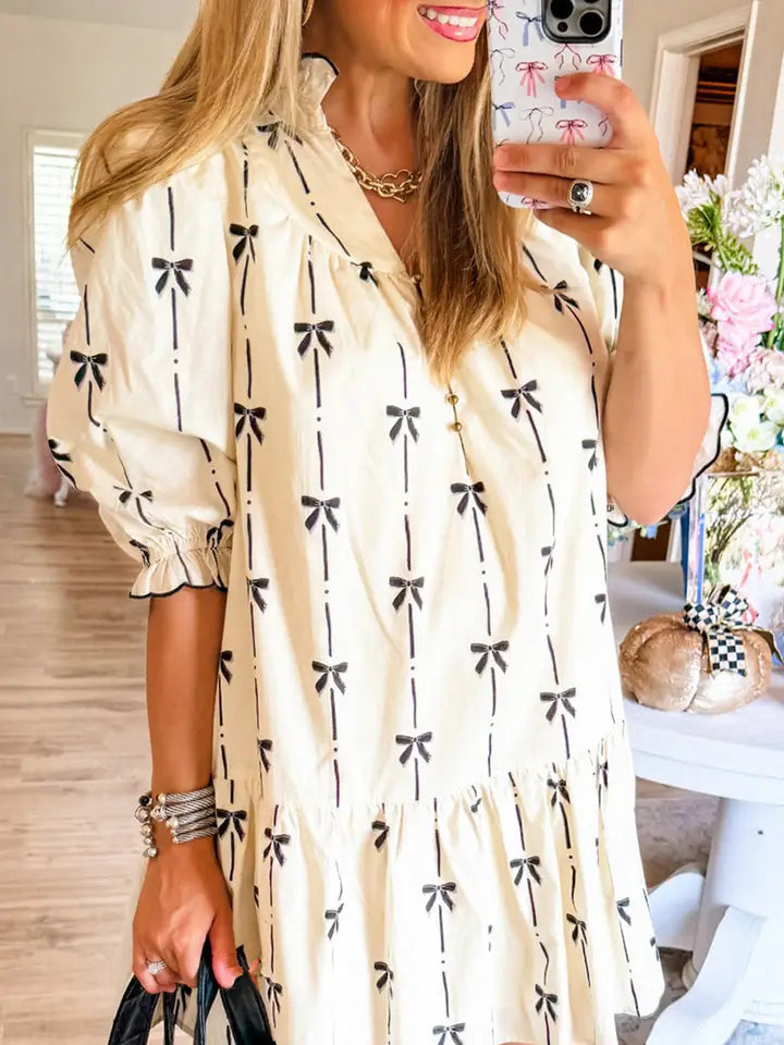 Beige Cute Bowknot Printed Bubble Sleeve V Neck Mini Dress