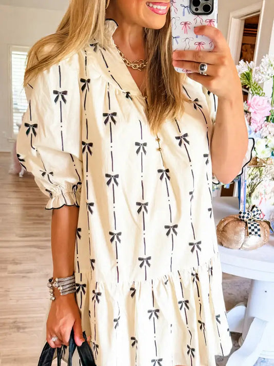 Beige Cute Bowknot Printed Bubble Sleeve V Neck Mini Dress