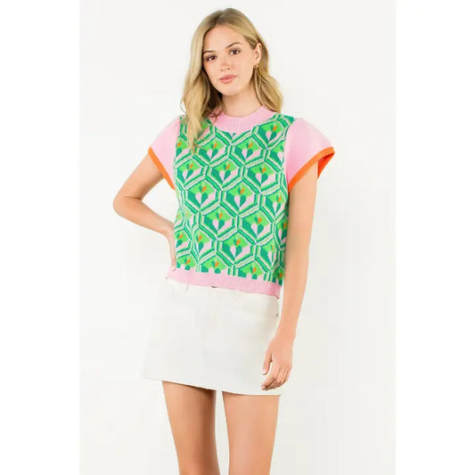 Pattern Knit Cap Sleeve Top
