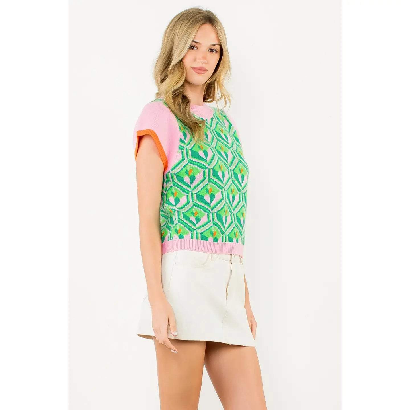 Pattern Knit Cap Sleeve Top