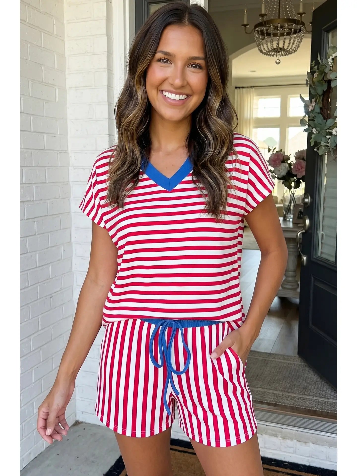 Las Stripe Colorblock Tee Drawstring Short Set
