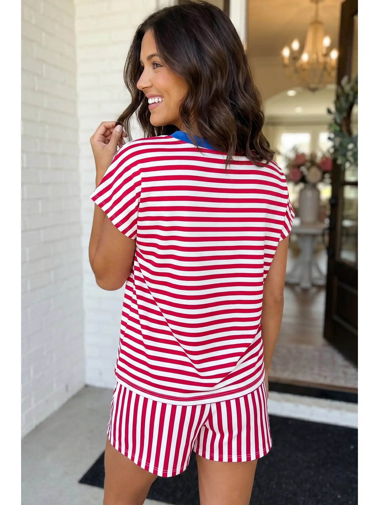 Las Stripe Colorblock Tee Drawstring Short Set