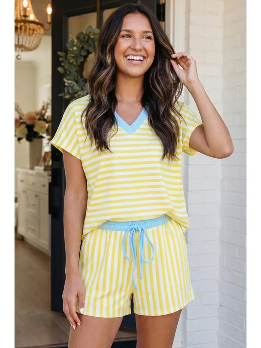 Las Stripe Colorblock Tee Drawstring Short Set