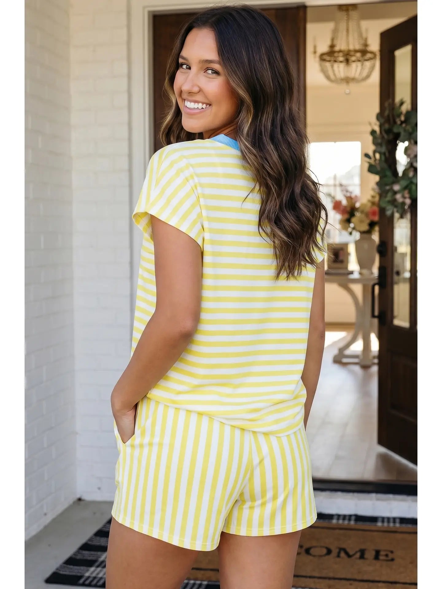 Las Stripe Colorblock Tee Drawstring Short Set