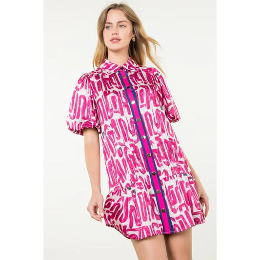 Puff Sleeve Contrast Trim Print Dress