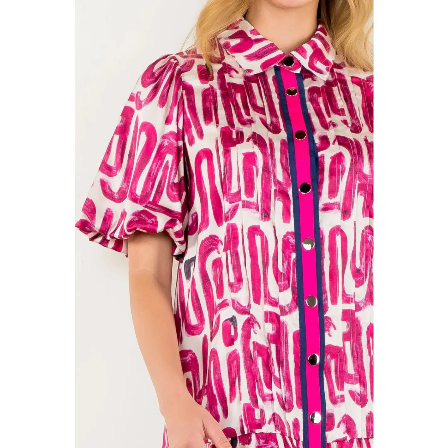 Puff Sleeve Contrast Trim Print Dress