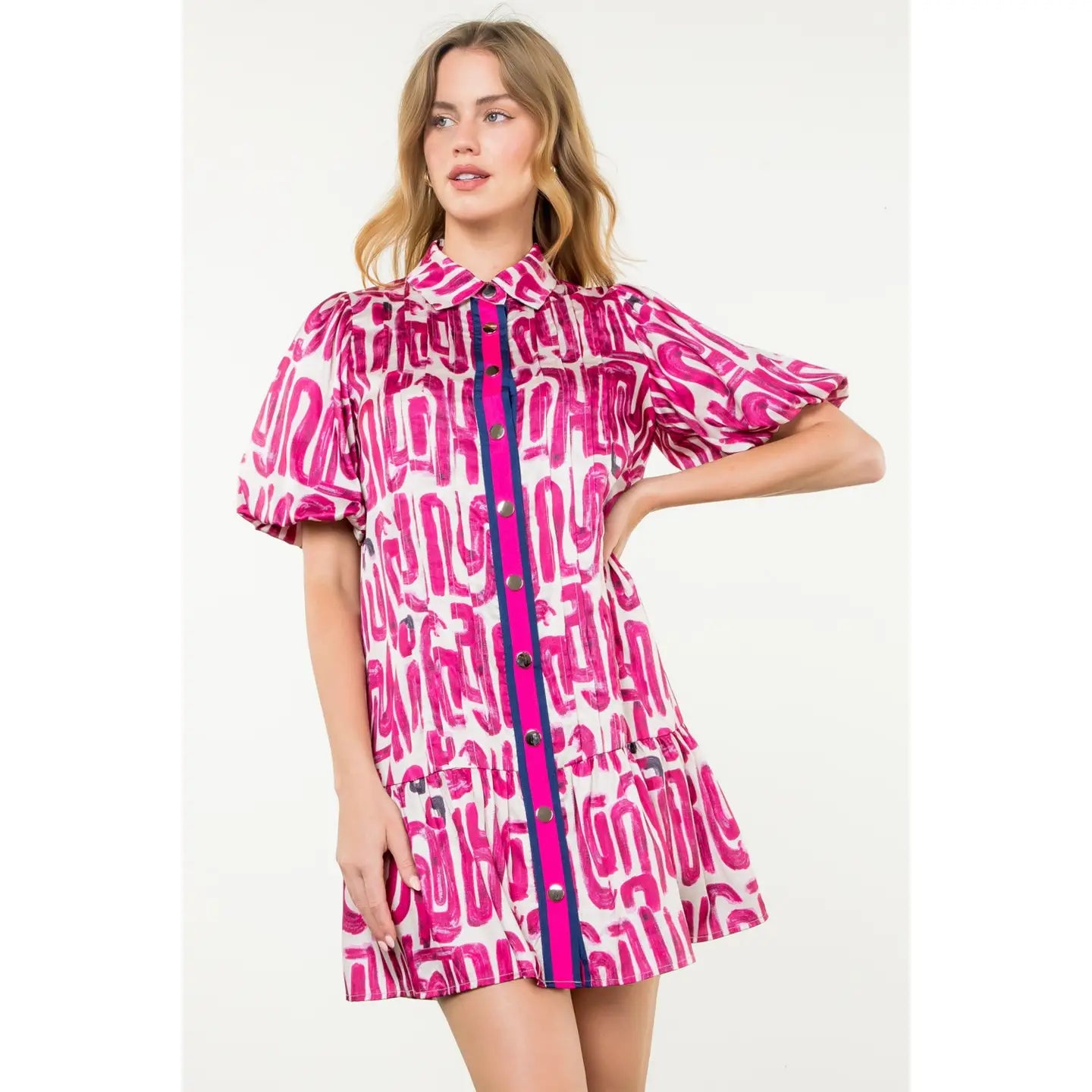 Puff Sleeve Contrast Trim Print Dress