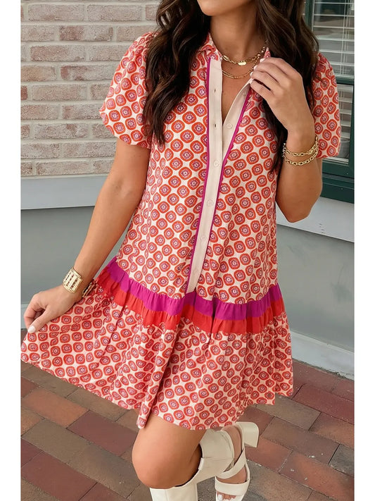 Floral Print Color Block Trim Button Front Ruffle Hem Dress