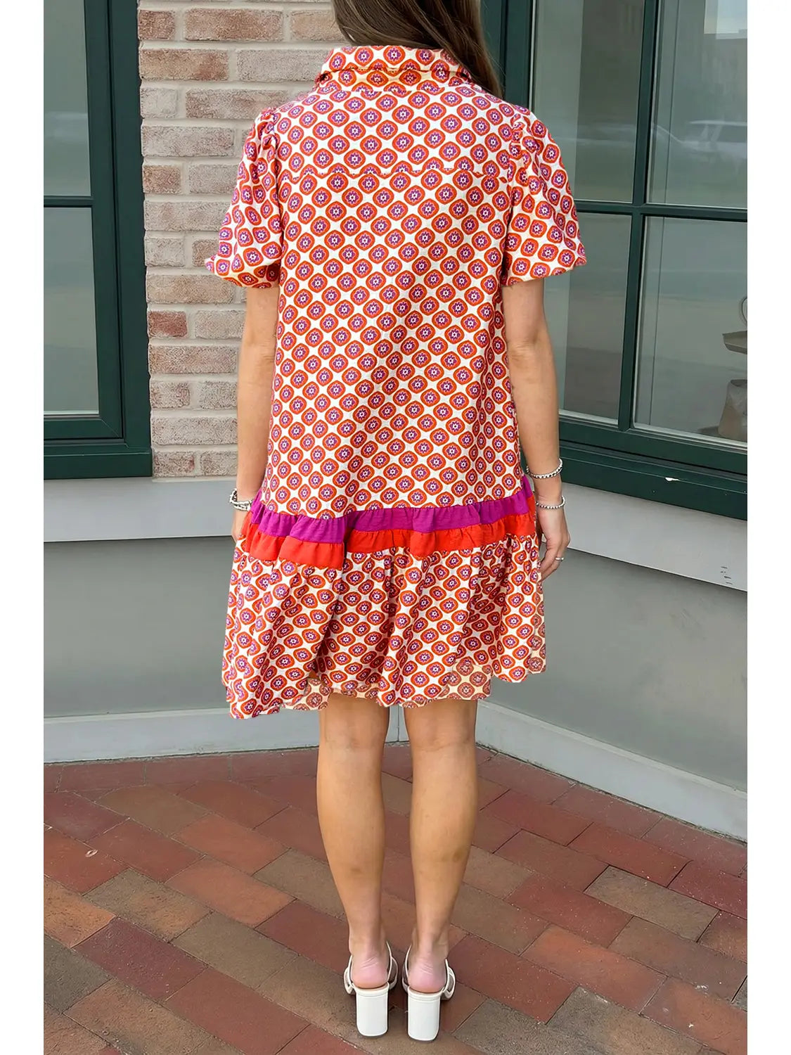 Floral Print Color Block Trim Button Front Ruffle Hem Dress