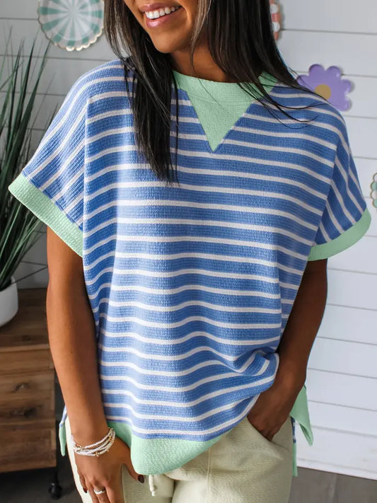 Sky Blue Stripe Contrast Trim Loose Short Sleeve Top