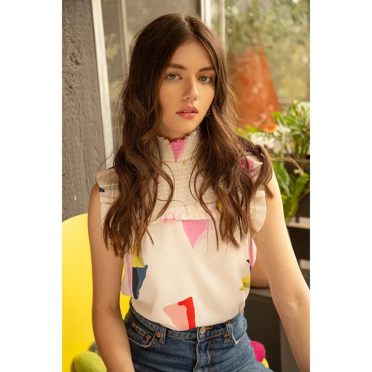 Printed Cream Top With Smocked Neck And Flutter Sleeves