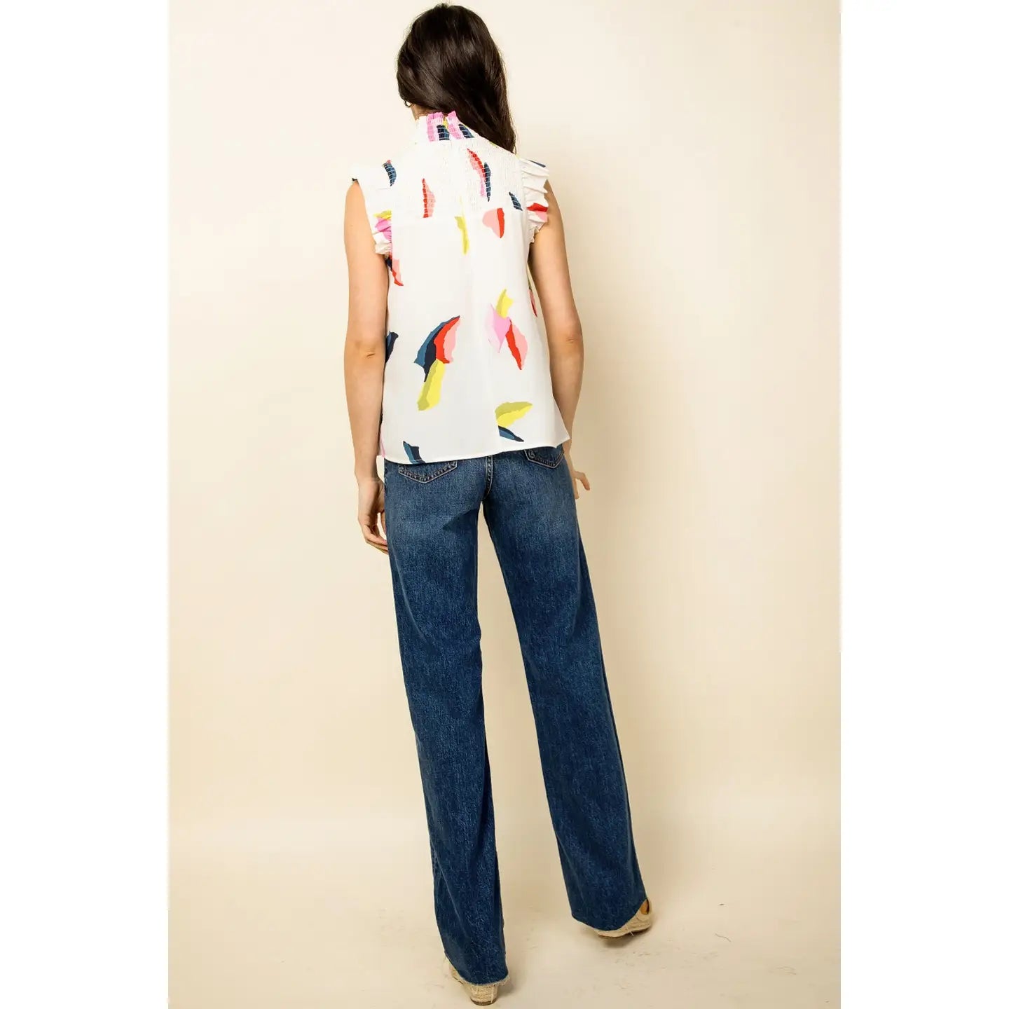Printed Cream Top With Smocked Neck And Flutter Sleeves