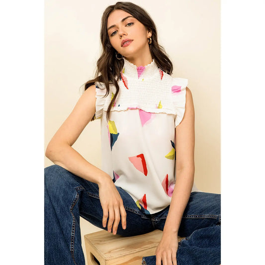 Printed Cream Top With Smocked Neck And Flutter Sleeves