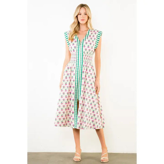 Short Sleeve Floral Pattern Smocked Dress