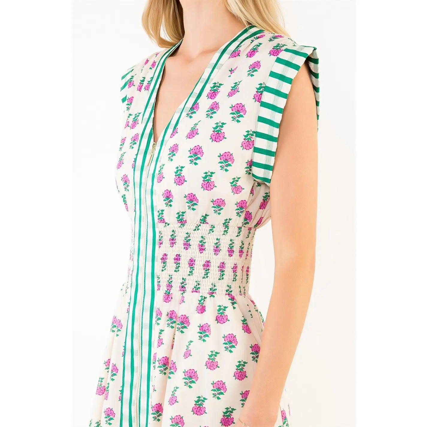 Short Sleeve Floral Pattern Smocked Dress