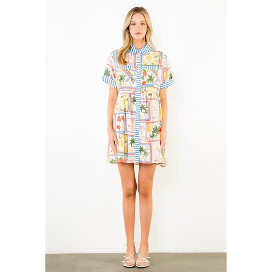 Short Sleeve Button Up Tropical Pattern Dress